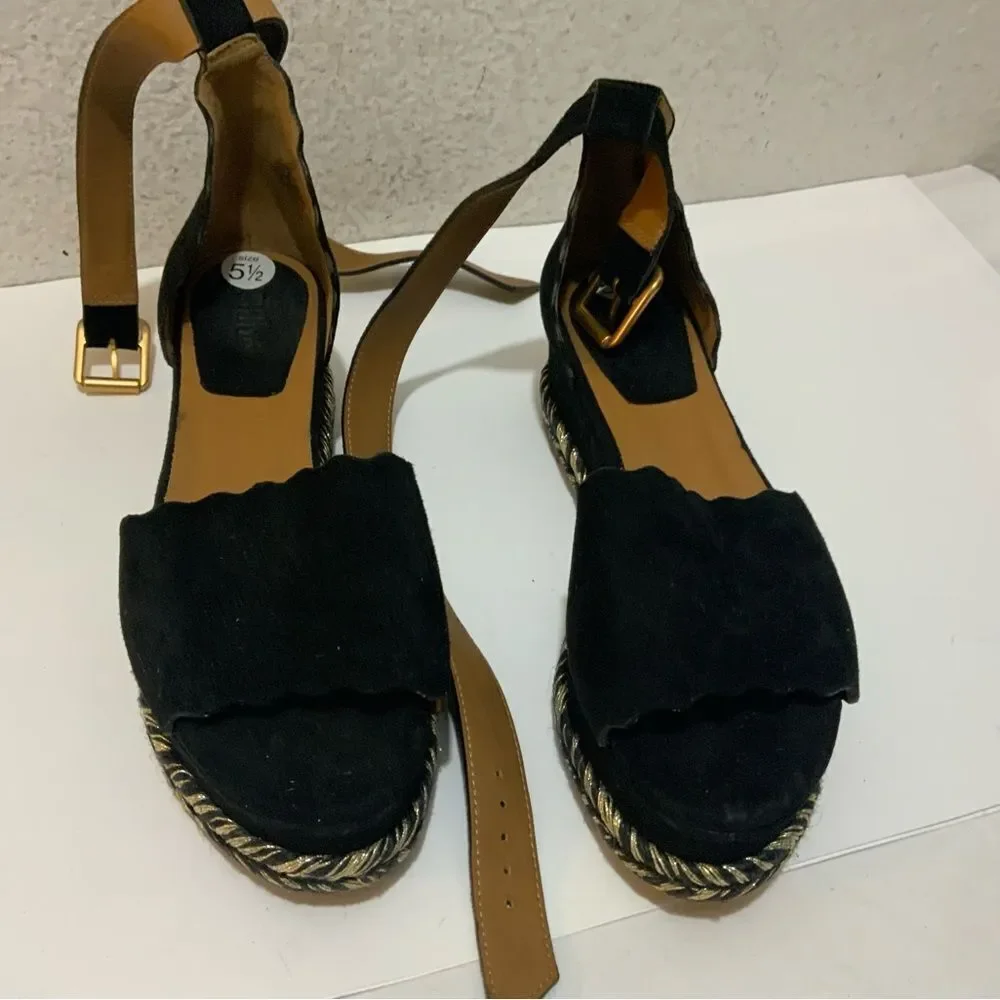 Chloe Black Suede Lauren Espadrille Wedge Sandals Size 36